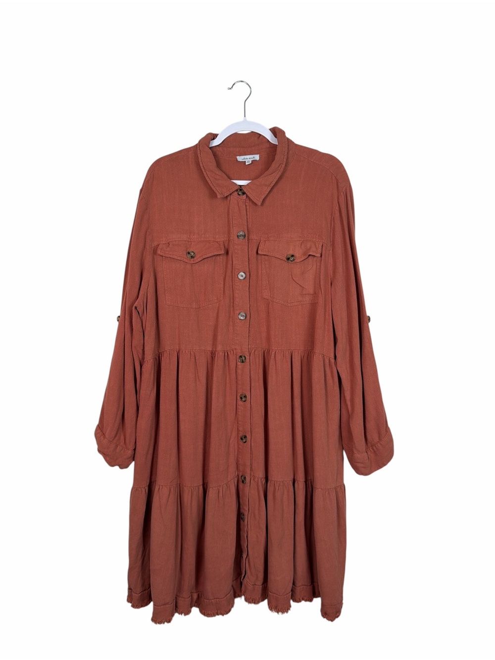 White Birch Rust Linen Blend Tiered Button Front Shirt Dress Plus Size 2XL